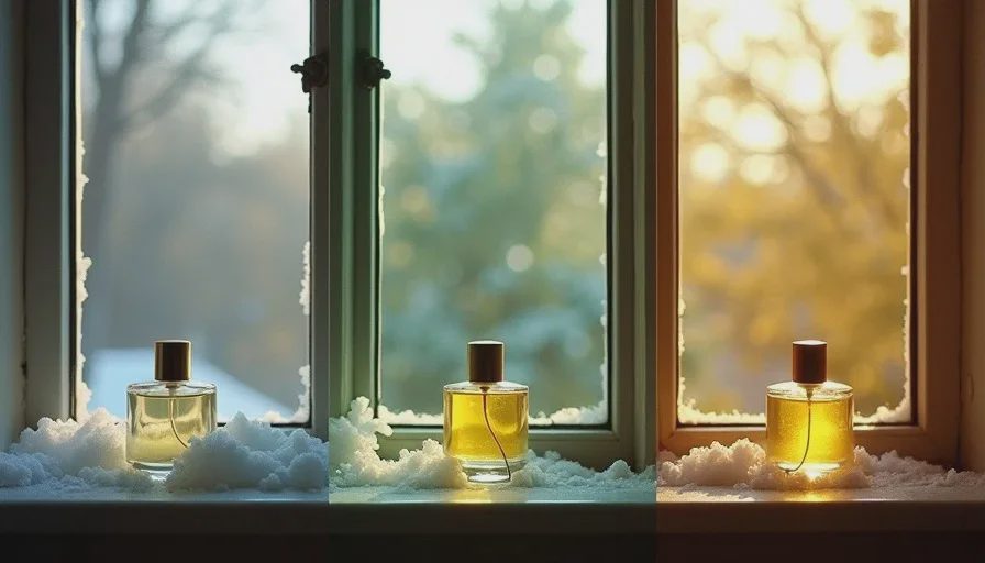 The same fragrance bottle shown on a windowsill across winter, spring, and summer with contrasting light and scenery