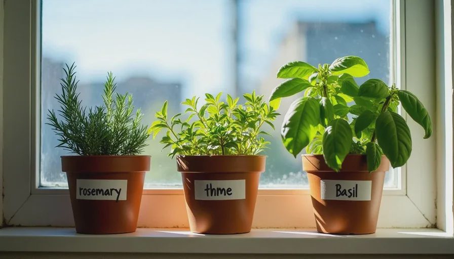 Three herb plants — rosemary, thyme, and basil — lined up on a windowsill with handwritten labels
