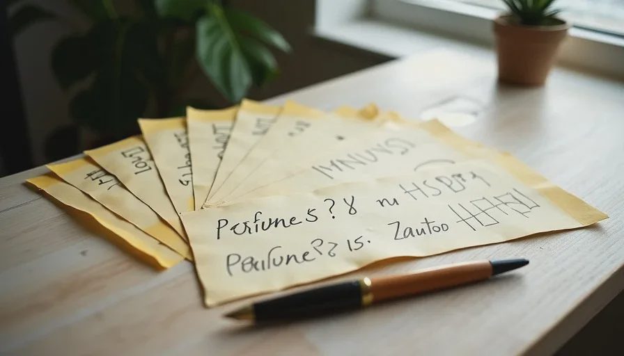 Scent test paper strips fanned out on a wooden table with handwritten notes