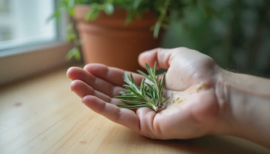 A hand crushing rosemary leaves between fingers with visible green juice on the fingertips