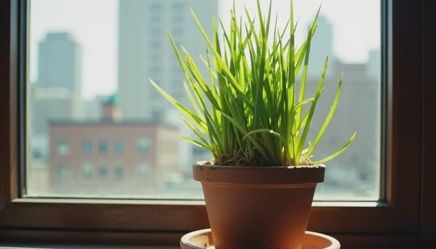 A tall vetiver grass plant in a clay pot on a windowsill with city buildings visible outside