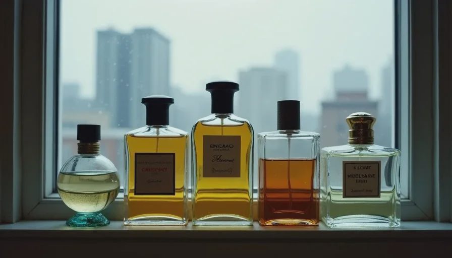Five empty perfume bottles from blind buys lined up on a windowsill against a grey Chicago winter skyline