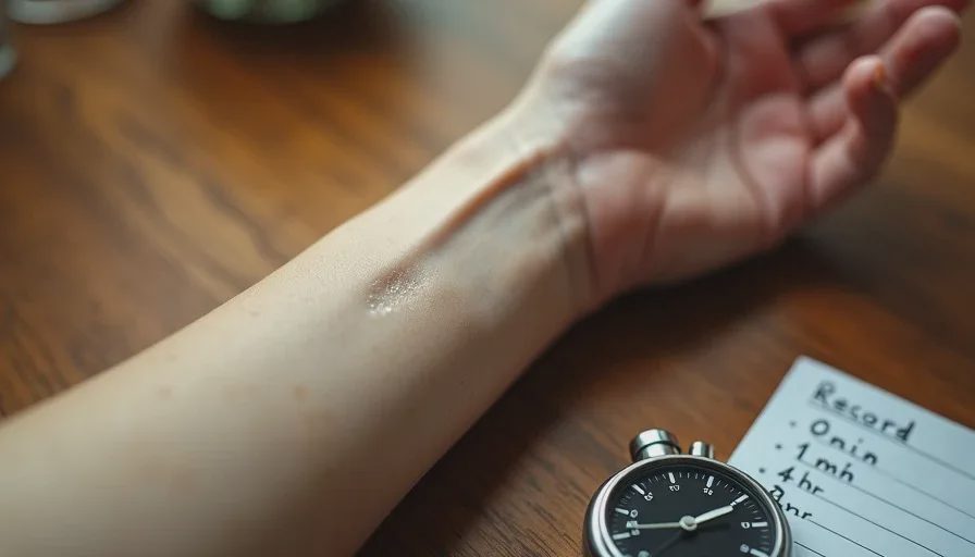 Close-up of a wrist with two perfume spray marks next to a timer and a handwritten dry-down tracking card