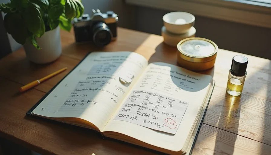A testing setup with paper strips, a decant bottle, and an open notebook with handwritten fragrance test notes on a wooden table