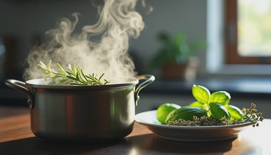 A small pot simmering with rosemary sprigs, steam rising, with fresh basil and dried thyme nearby