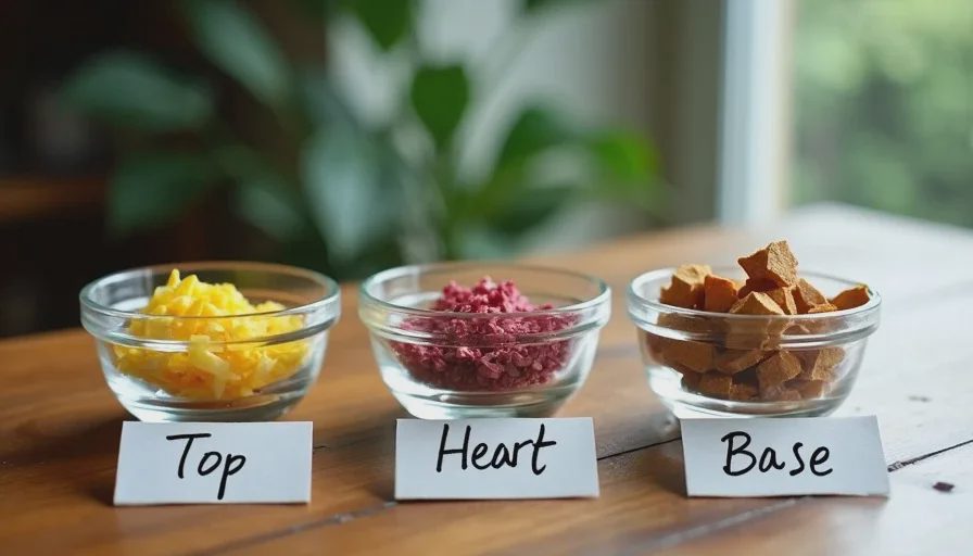 Three small glass bowls containing lemon peel, dried rose, and sandalwood chips labeled as top heart and base notes