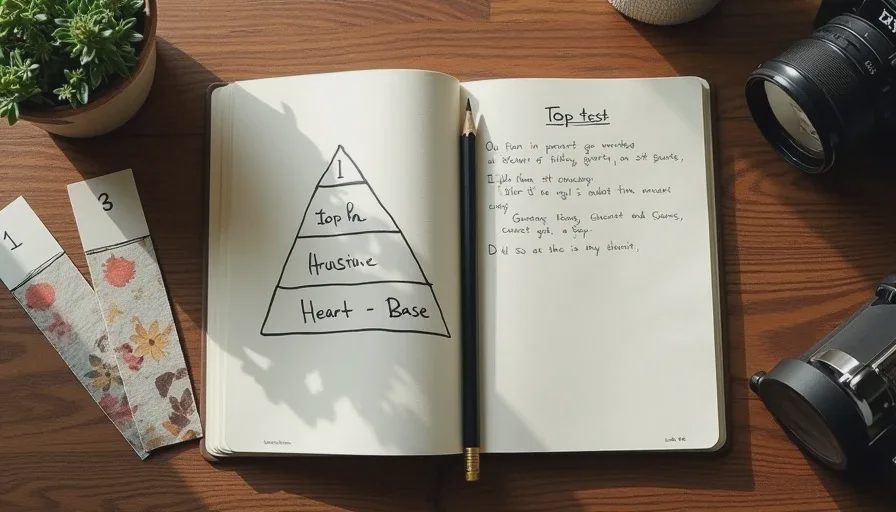 An open notebook with a hand-drawn fragrance pyramid diagram and handwritten test notes on a wooden desk