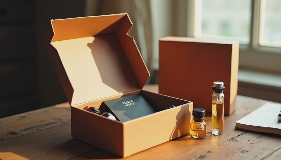 An open perfume subscription box with two sample vials and a brand card on a wooden desk