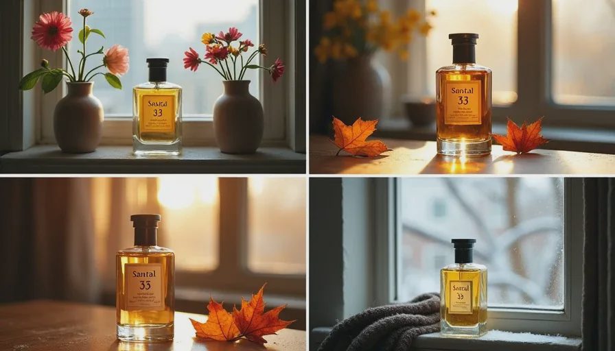 A 2x2 photo collage showing the same Santal 33 bottle in four seasonal desktop scenes across a Chicago year
