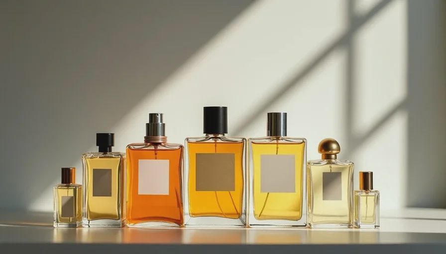Five full-size perfume bottles each paired with a small 2ml decant vial for size comparison