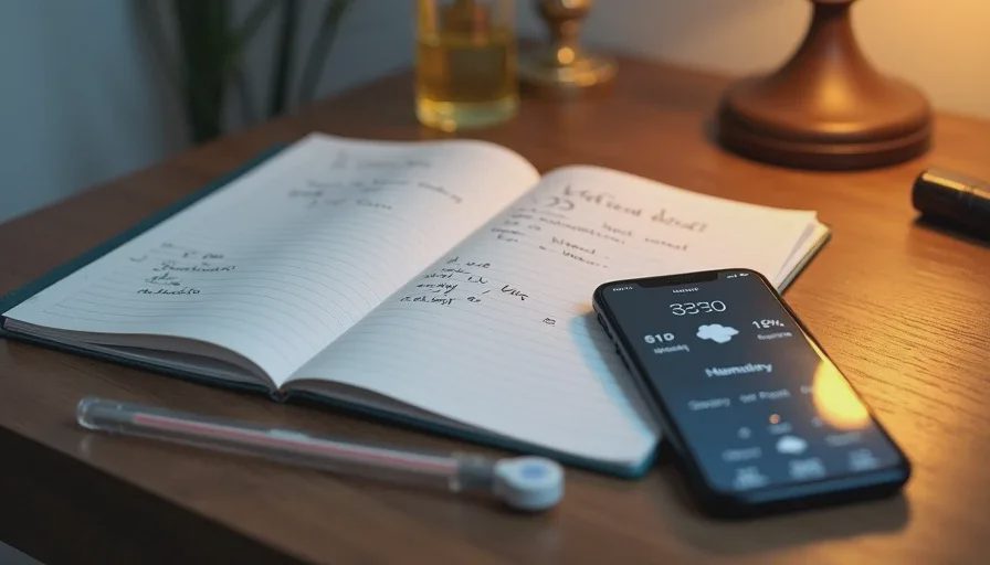 An open testing notebook with seasonal comparison charts, a thermometer, and a phone showing weather data