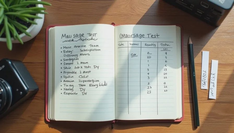 An open notebook with a hand-drawn five-step skin-versus-paper testing method and comparison table on a wooden desk