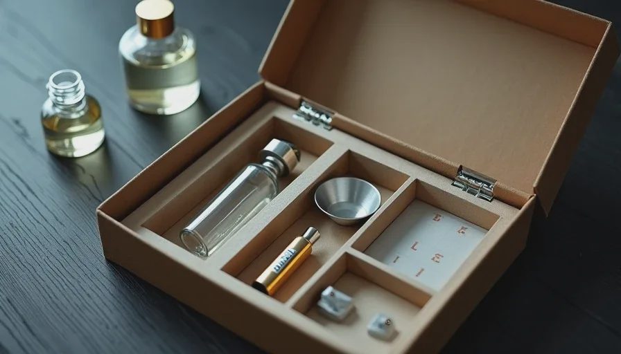 An open decanting kit with empty glass bottles, funnel, syringe, and labels on a dark wooden table