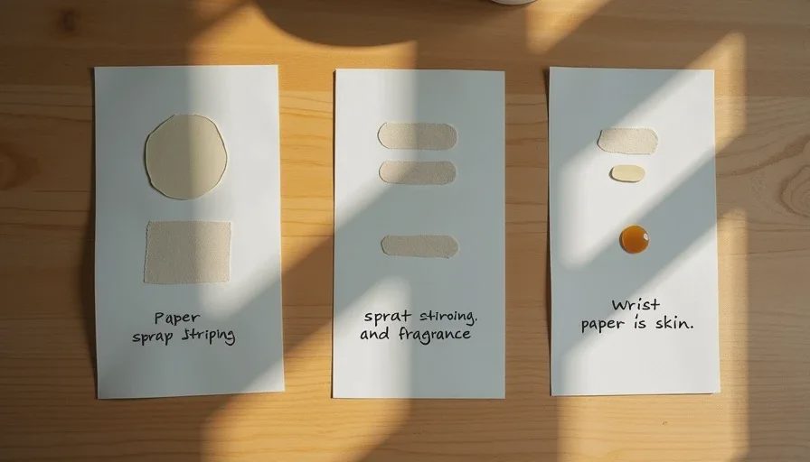 Three perfume scents tested on paper strips and wrists side by side with handwritten comparison labels