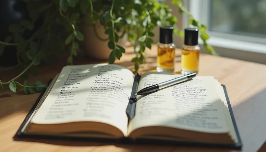 An open notebook with handwritten fragrance testing records next to small sample vials