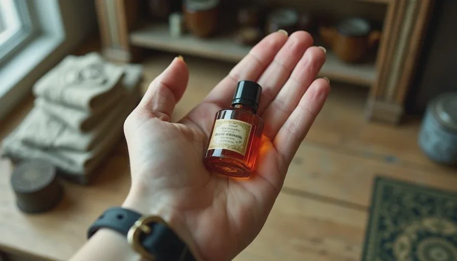 A squat vintage perfume bottle with amber liquid held in a woman's hand at a thrift store counter