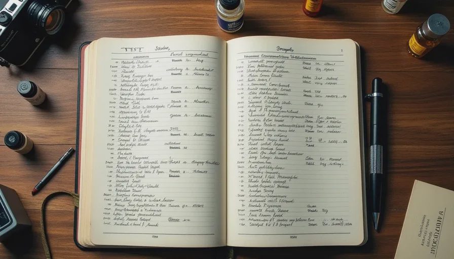 An open testing notebook with handwritten longevity observations for ten fragrances on a wooden desk
