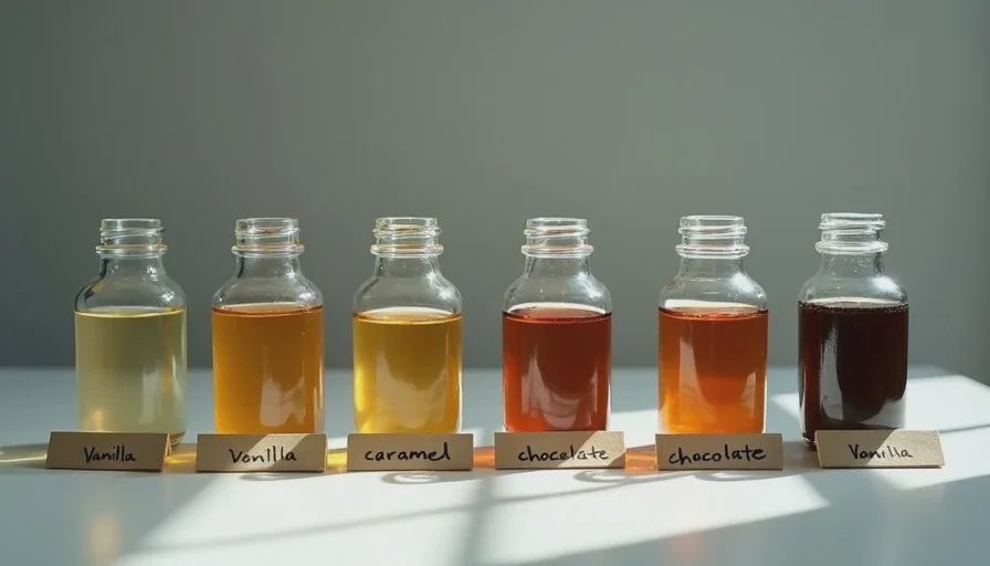 Six small glass perfume sample bottles with handwritten note cards naming vanilla, caramel, and chocolate