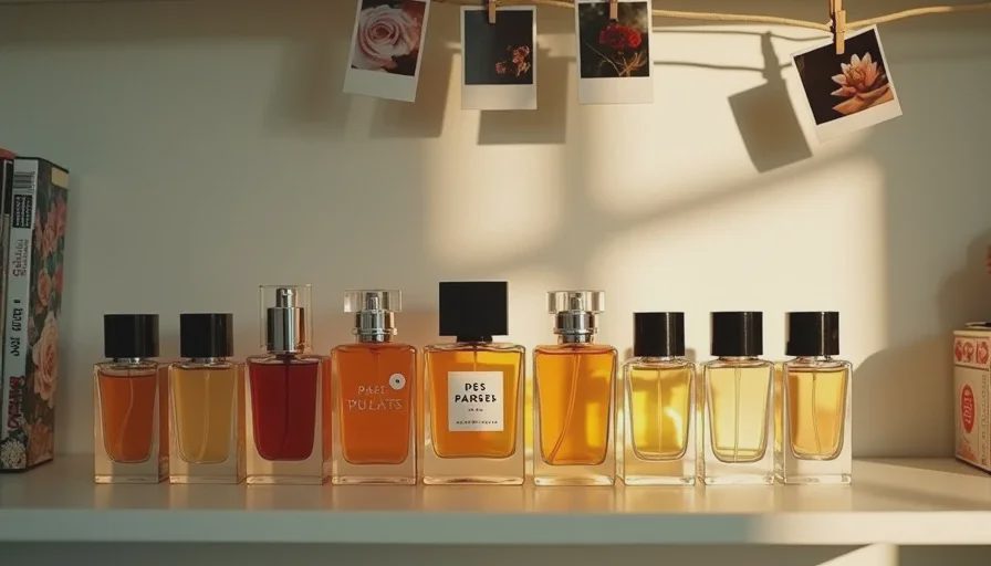 A fragrance shelf showing full bottles that passed the five-point test on top and decant tubes still being tested below