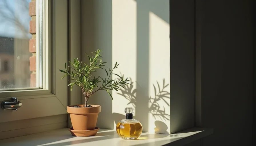 A rosemary plant and a small vintage perfume bottle on a windowsill lit by low winter sun