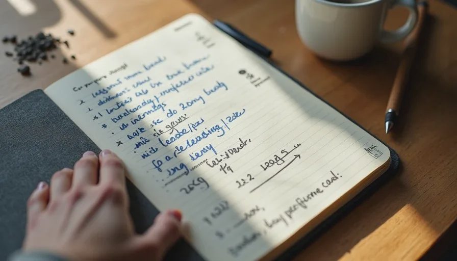 An open grid notebook with handwritten fragrance testing notes, a pen, and a wrist with perfume