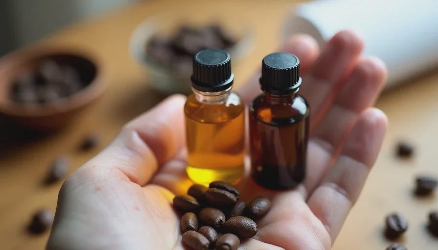 Two small fragrance oil bottles held in a palm with coffee beans scattered around them
