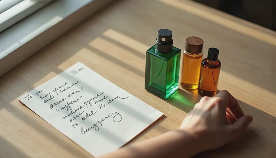 A wrist with perfume beside a handwritten card and several budget fragrance bottles on a table