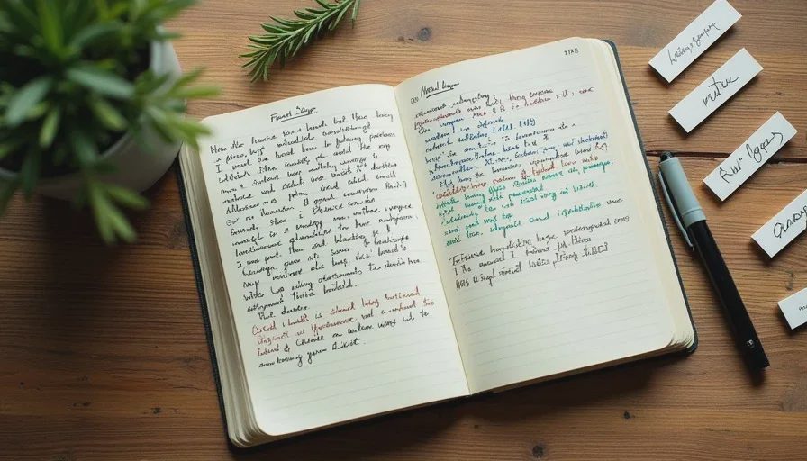 An open handwritten notebook with personal scent descriptions for five fragrance notes and labeled paper strips
