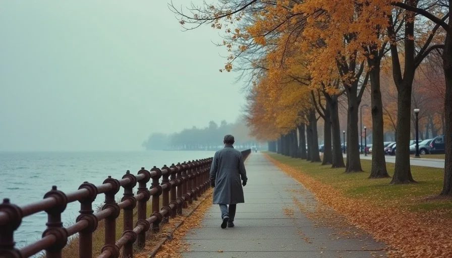A fall day on Chicago's lakefront with rusted railings, a pale sky, and a figure walking ahead in a gray jacket
