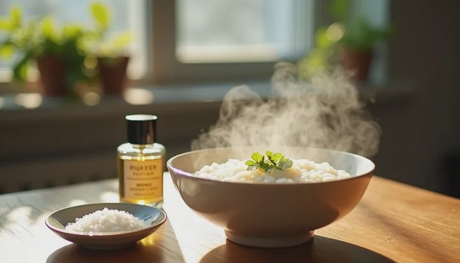 A steaming bowl of rice congee beside a small perfume sample bottle and a dish of sea salt
