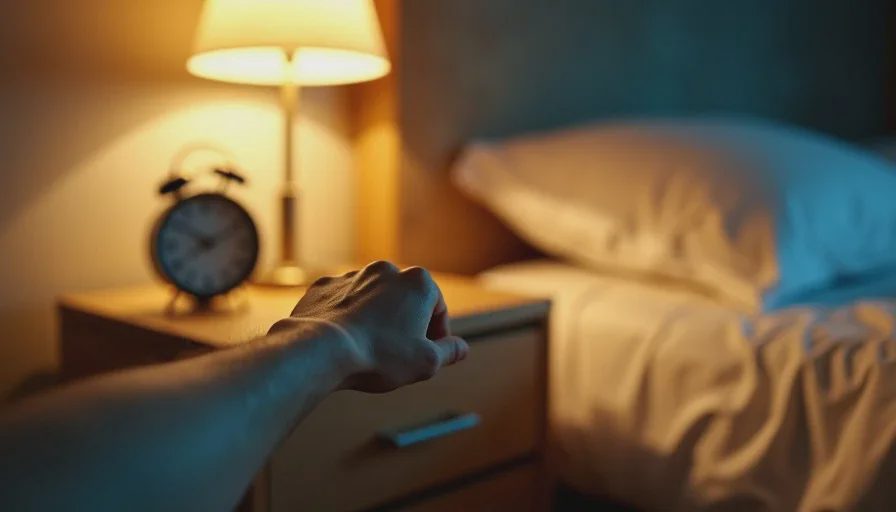A wrist resting on a nightstand near midnight with a clock showing almost 12 AM in warm lamplight