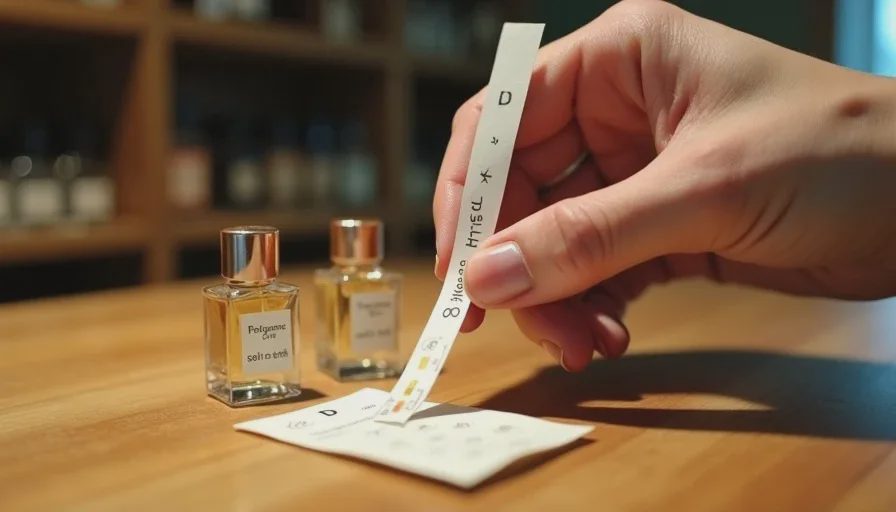 Close-up of hands holding a scent strip near the nose with labeled sample bottles on a wooden table