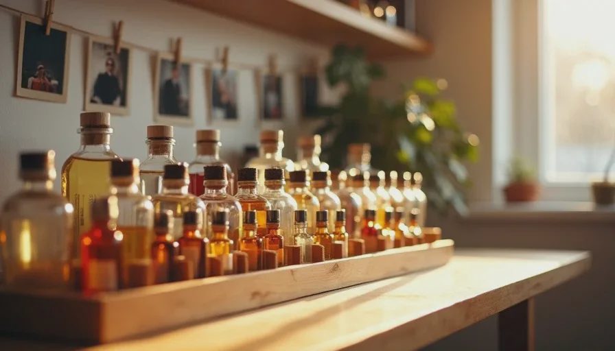 A fragrance collection shelf with full bottles on one side and decant samples on the other in golden evening light