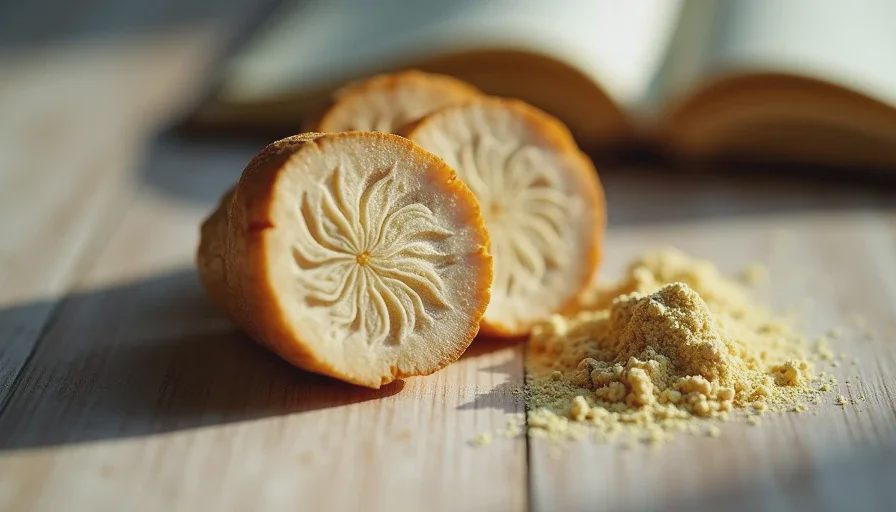 Close-up of sliced orris root with iris powder and a scent strip on a light wooden surface