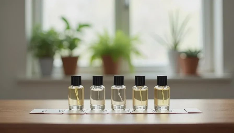 Five small glass fragrance sample bottles with numbered paper test strips on a wooden table