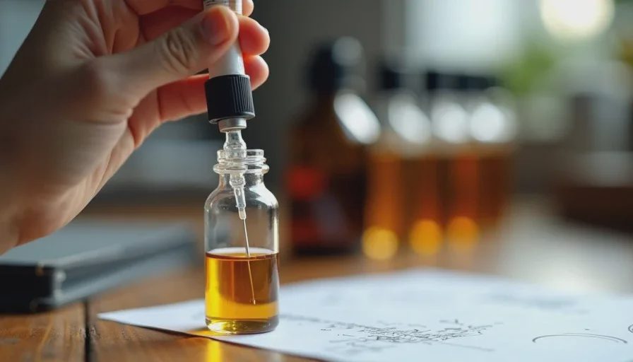 Hands carefully decanting fragrance from a full bottle into a small labeled sample tube with a syringe