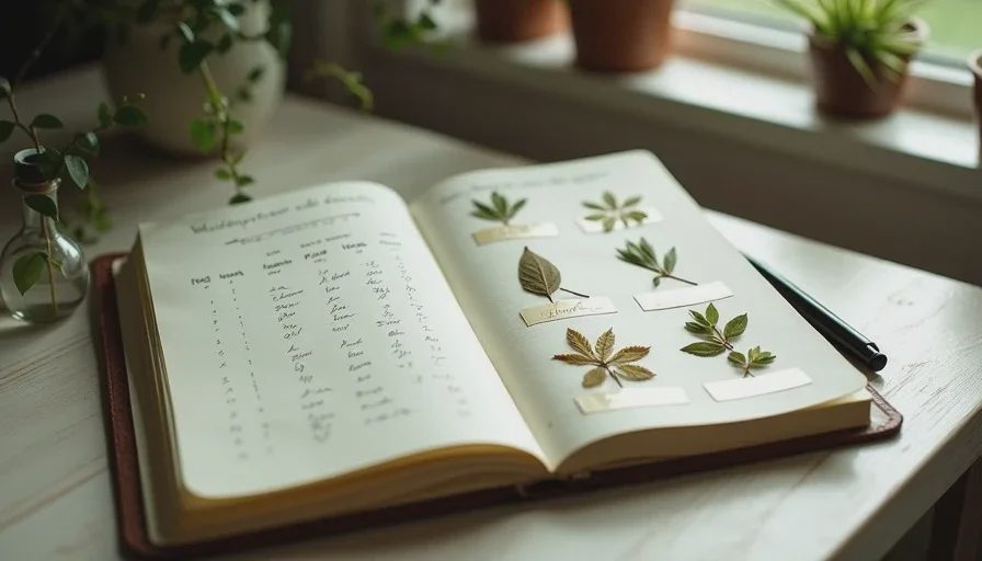 An open notebook with an herb-to-fragrance chart and pressed herb leaves taped to the page