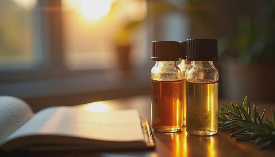 Three sample vials glowing in golden morning light on a wooden testing table with a notebook and rosemary sprig