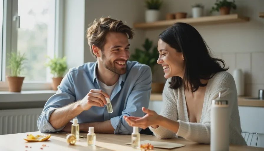 A couple laughing at a kitchen table with fragrance sample bottles spread between them