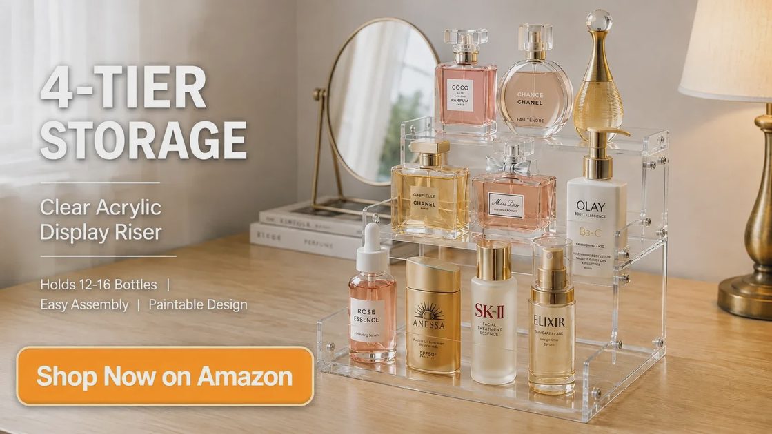 Hand placing perfume bottle on four-tier acrylic display risers