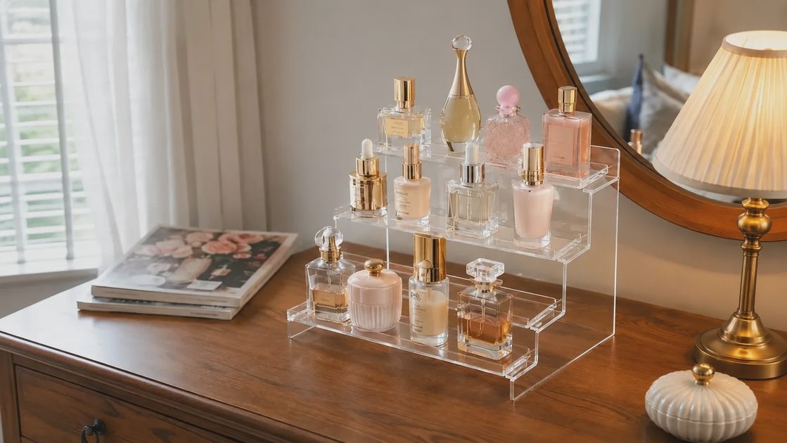 Clear acrylic tiered perfume display stand on wooden dresser, cosmetics and fragrance bottles storage rack in cozy bedroom vanity